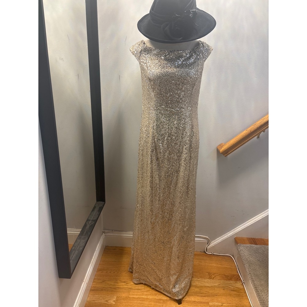Adrianna Papell l Sequin Gown Silver Portrait Neckline Cap Sleeve Maxi Sz 10